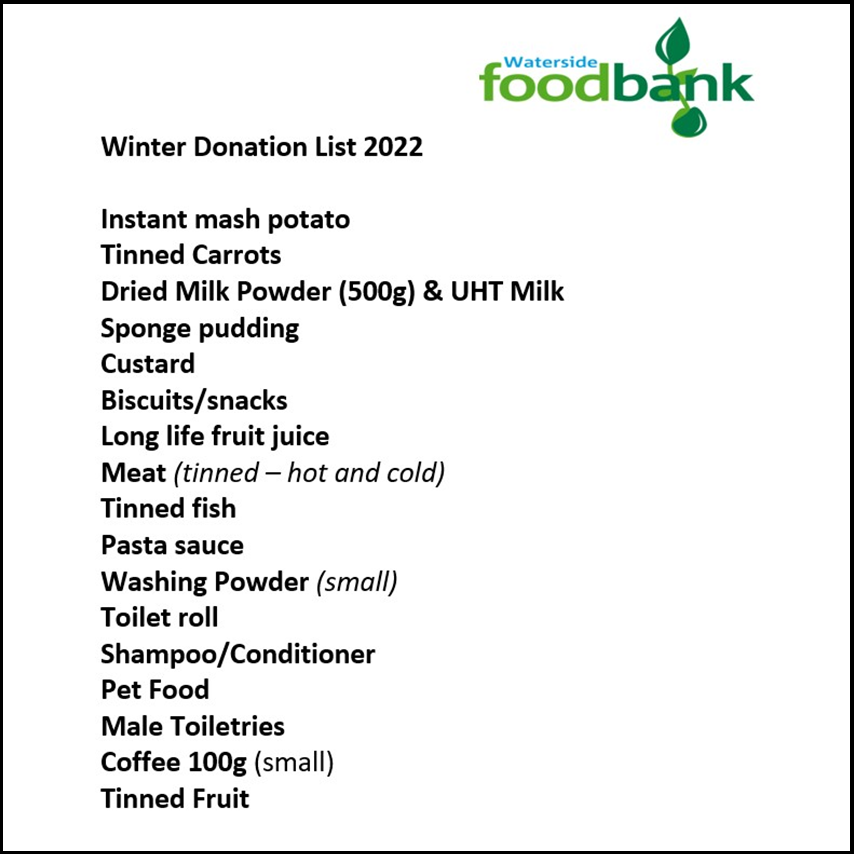 Winter Donation List 2022 Waterside Foodbank